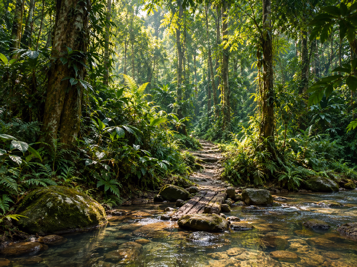 Jalan setapak hutan dan penyeberangan sungai menuju kebun