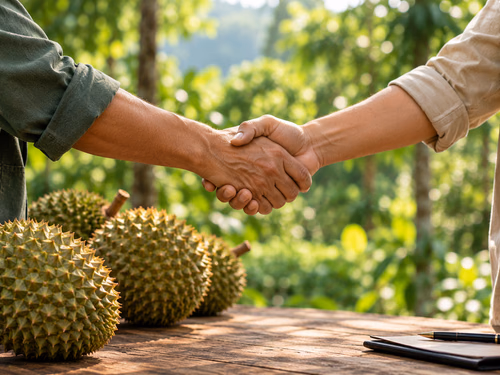 Jabat tangan antara petani dan mitra di kebun durian