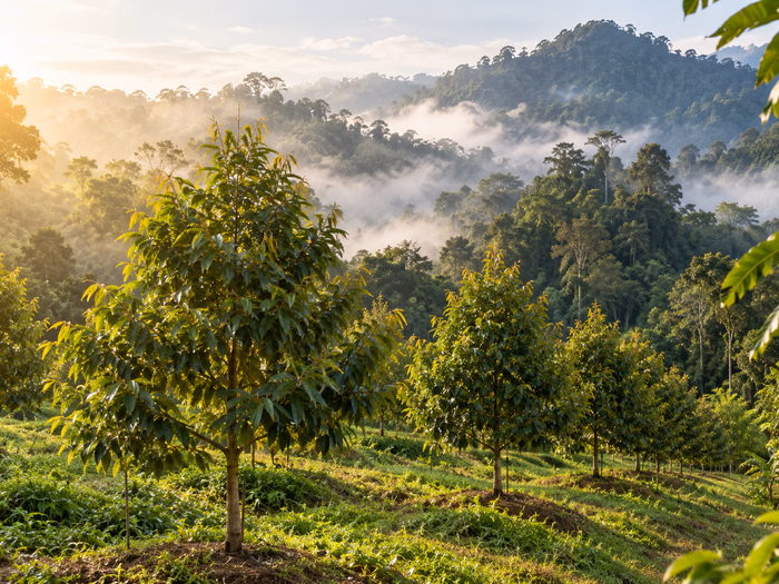 Pohon-pohon durian muda di lereng bukit dengan kabut hutan hujan di kejauhan